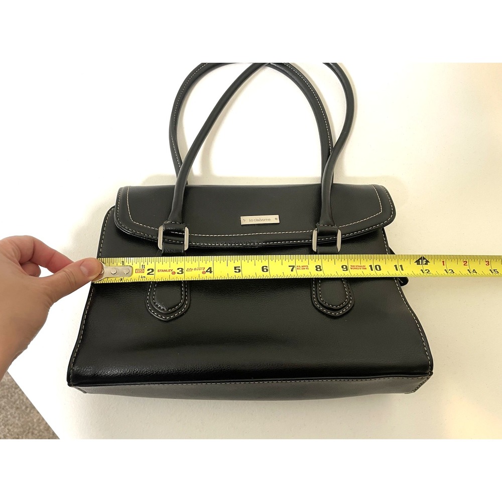 Liz Claiborne Double Top Handle Black Leather Handbag Purse Satchel Red‎ Zipper - Picture 6 of 15